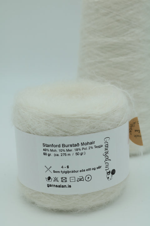 Stanford - Burstað Mohair – 40% Mohair 10% Merino 30% Akryl 18% Polyester og 2% teygja - 50 gr. Hvítt og Veiðigrænn